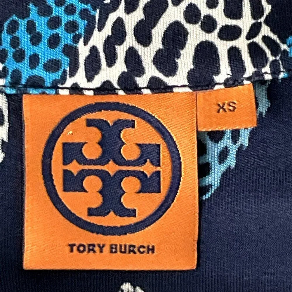 Tory Burch Dress Women XS Silk Blue‎ Seashell Polka Dot Short Sleeve V-Neck
